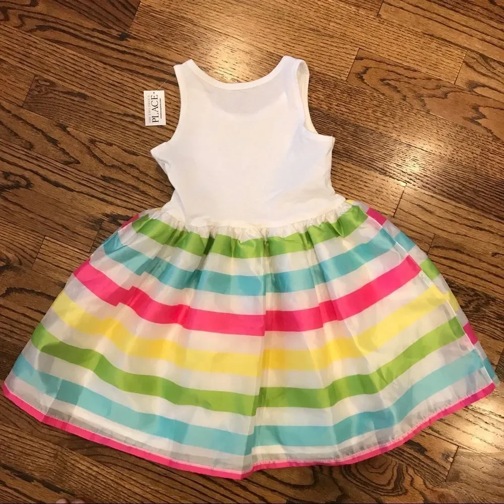 NWT New CHILDRENS PLACE White Rainbow Stripe Party Dress Small 5 6